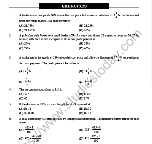 CBSE Class 8 Mathematics Comparing Quantities Profit And Loss MCQs Set ...